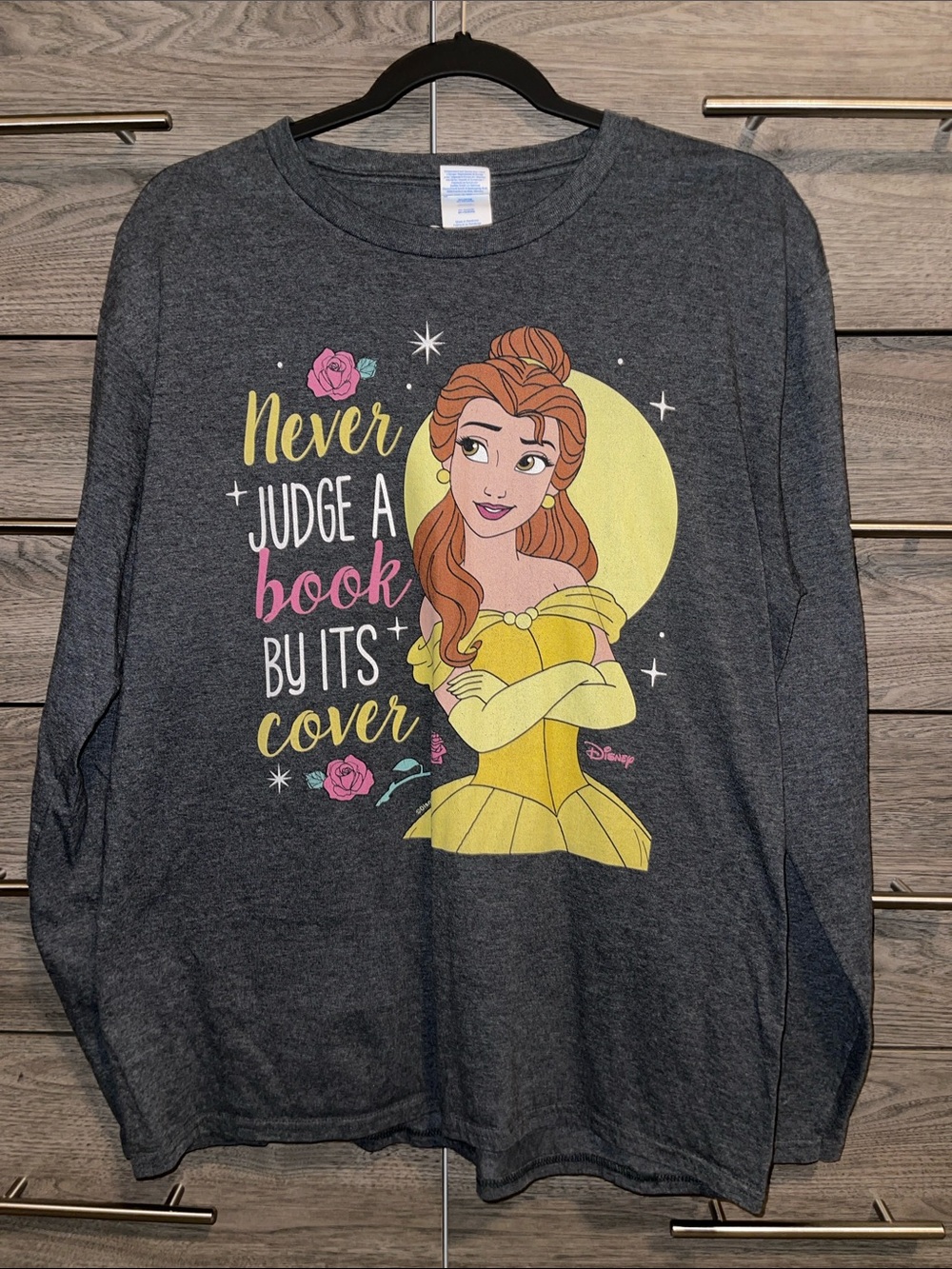 Disney Belle Long Sleeve Tee in Dark Gray with Yellow & Pink Artwork